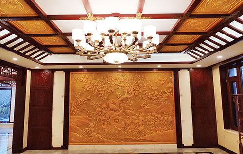 石排镇中式别墅客厅中式木作横梁吊顶装饰展示